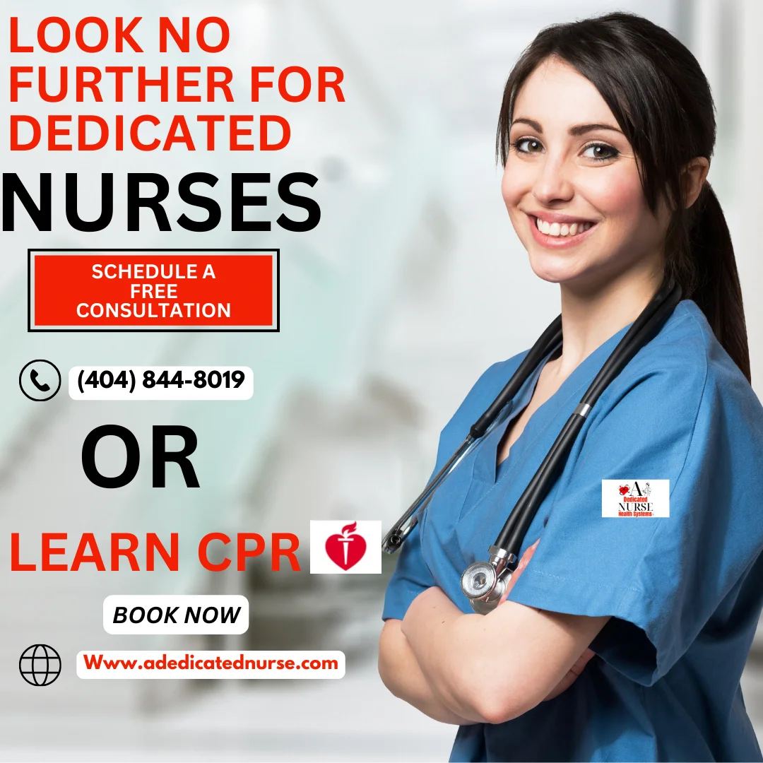 Smiling nurse in blue scrubs with stethoscope. Text: "Dedicated Nurses" and contact info for free consultation or CPR learning. Professional tone.